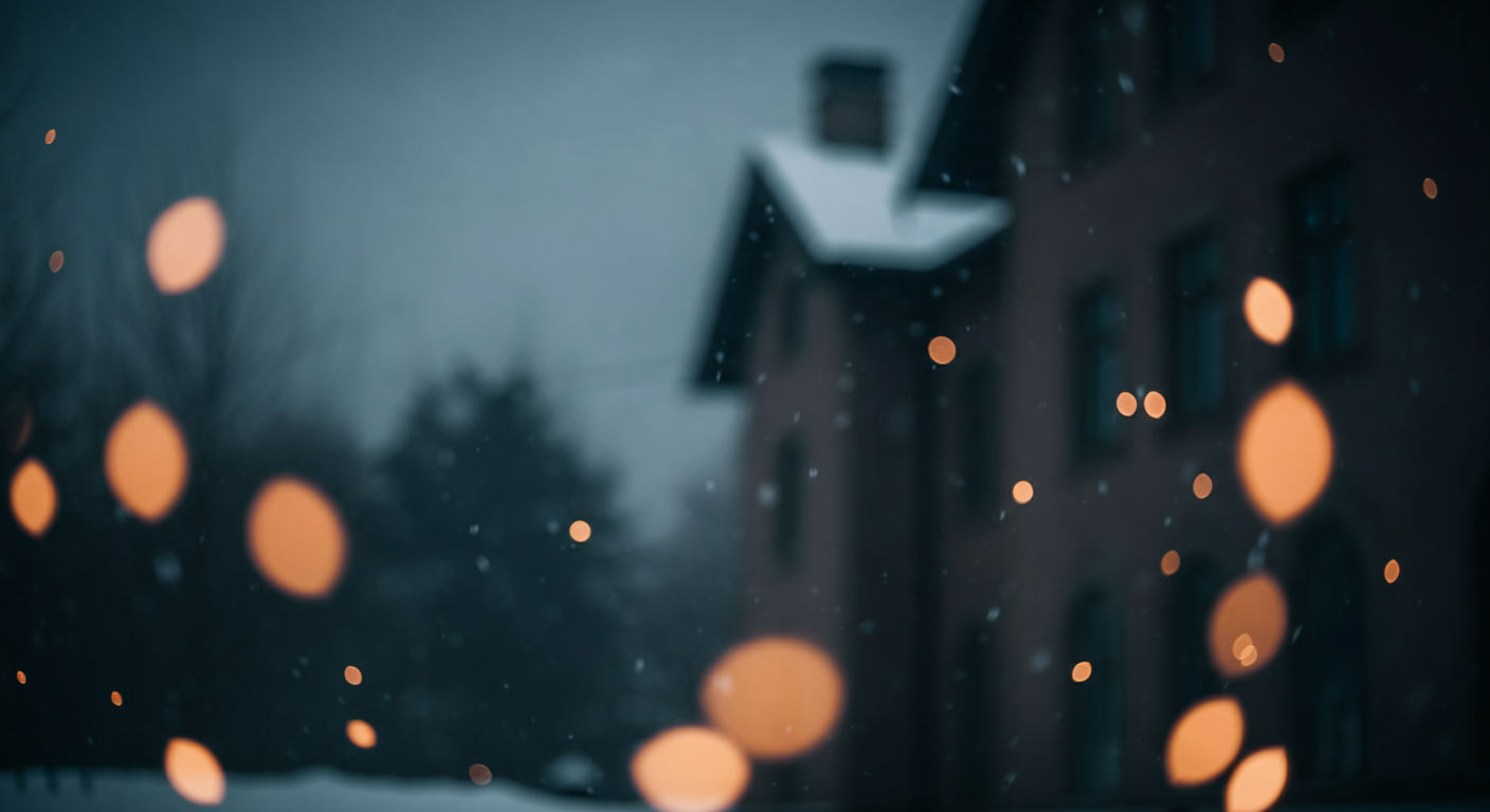 Snowy street at night with blurred lights and a building in the background