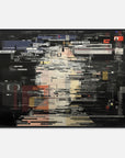 Black framed wall art of glitching colors and text on a white wall