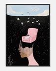 Framed artwork of a woman with a pink chair on her head against a starry night sky.