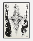 Framed black and white abstract artwork on a white background