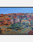 Framed artwork of a castle amidst colorful landscape