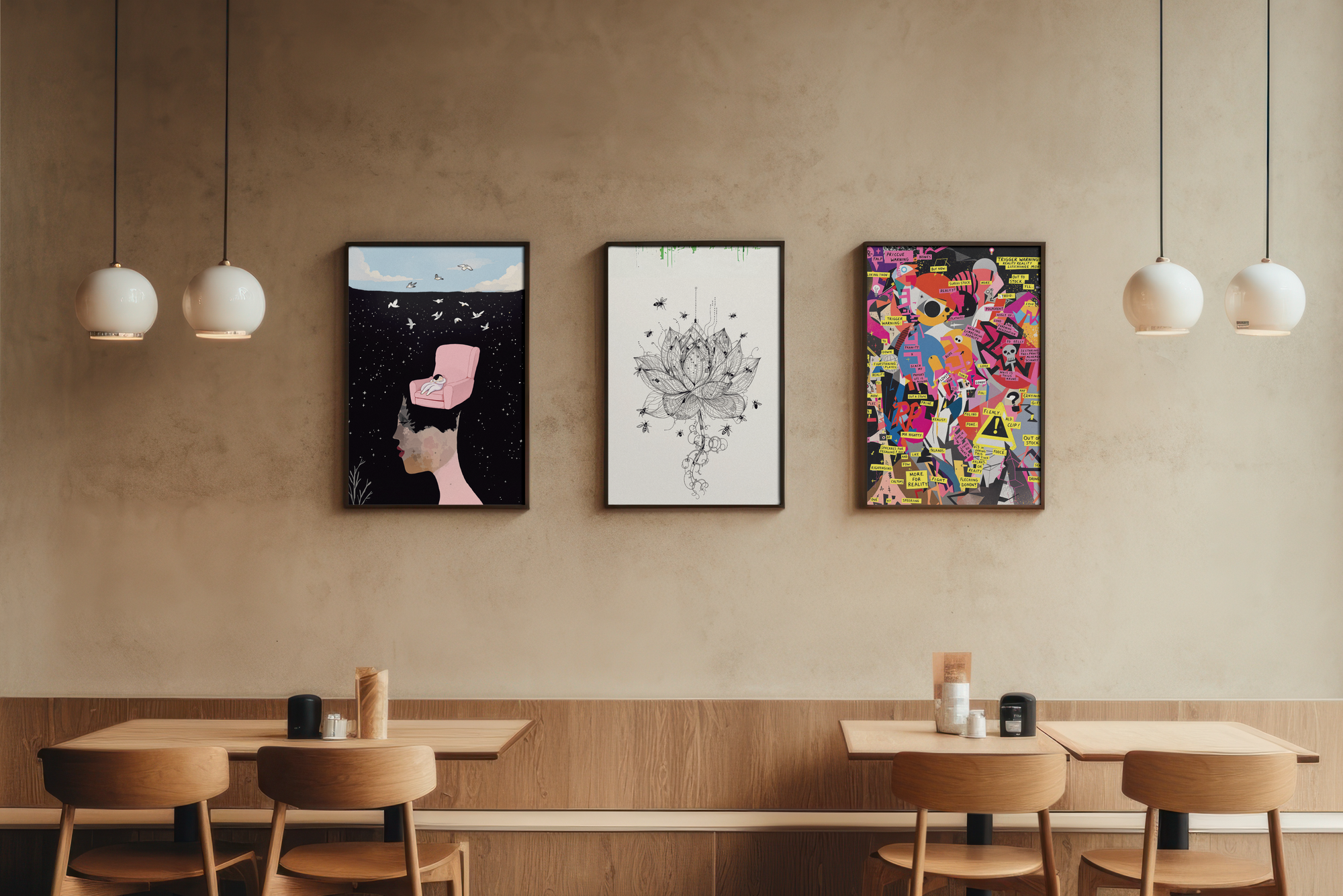 Modern interior with artistic wall decorations in a cafe setting
