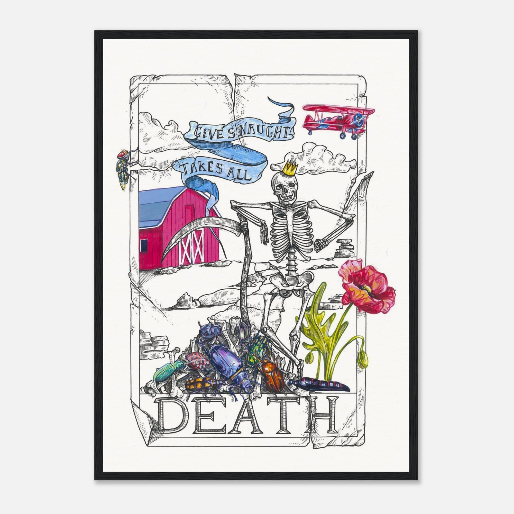 Framed artwork with a skeleton, flowers, and text on a white background