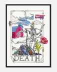 Framed artwork with a skeleton, flowers, and text on a white background