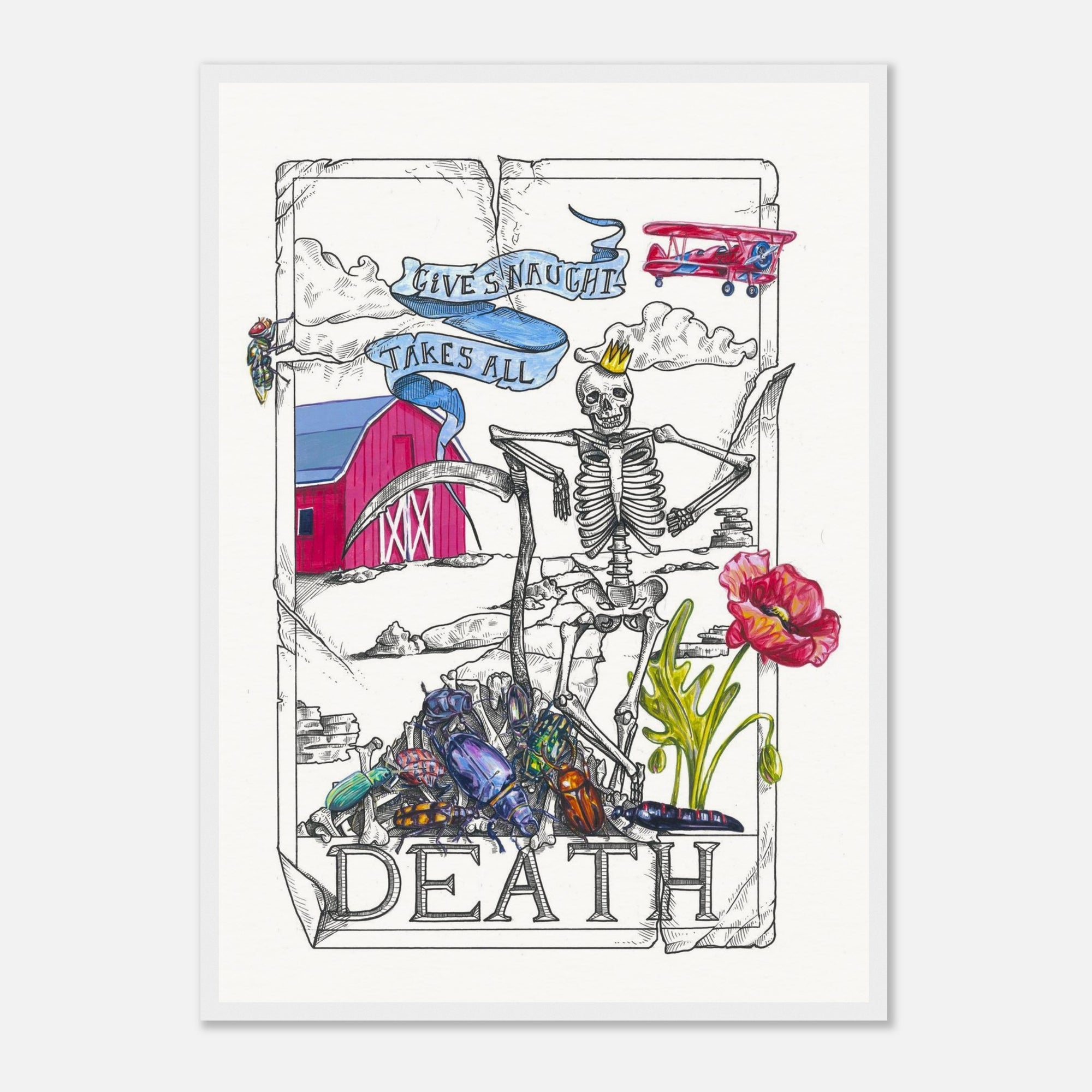 Taror card art print with a skeletal figure with flowers and text on a white background in a white frame