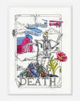 Taror card art print with a skeletal figure with flowers and text on a white background in a white frame