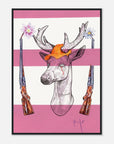 Framed artwork of a deer with orange cap and flowers on a pink and white striped background