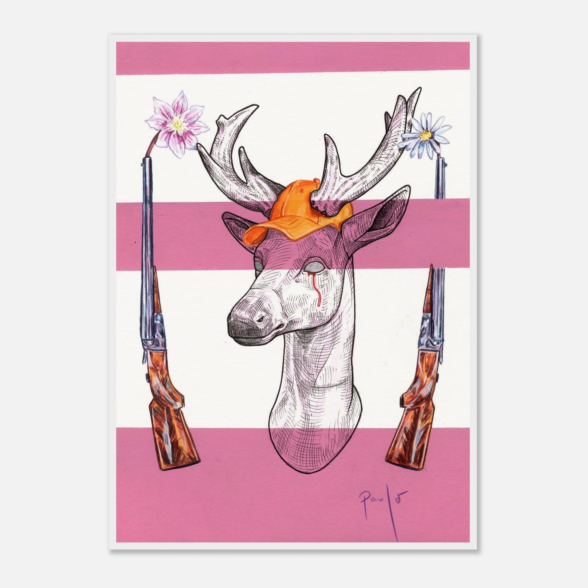 Illustration of a deer wearing an orange cap with pink and white flowers and rifles on a striped pink and white background.