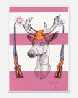 Illustration of a deer wearing an orange cap with pink and white flowers and rifles on a striped pink and white background.
