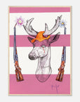 Artistic illustration of a deer wearing an orange cap with pink and white striped background