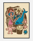 Illustration of a pink troll, blue dolphin, guinness and other elements on a beige background