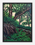 Black framed artwork of a lush forest scene with green trees and roots.