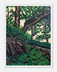 Framed artwork of a lush forest scene with green trees and roots.