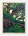 Wooden framed artwork of a lush forest scene with green trees and roots.