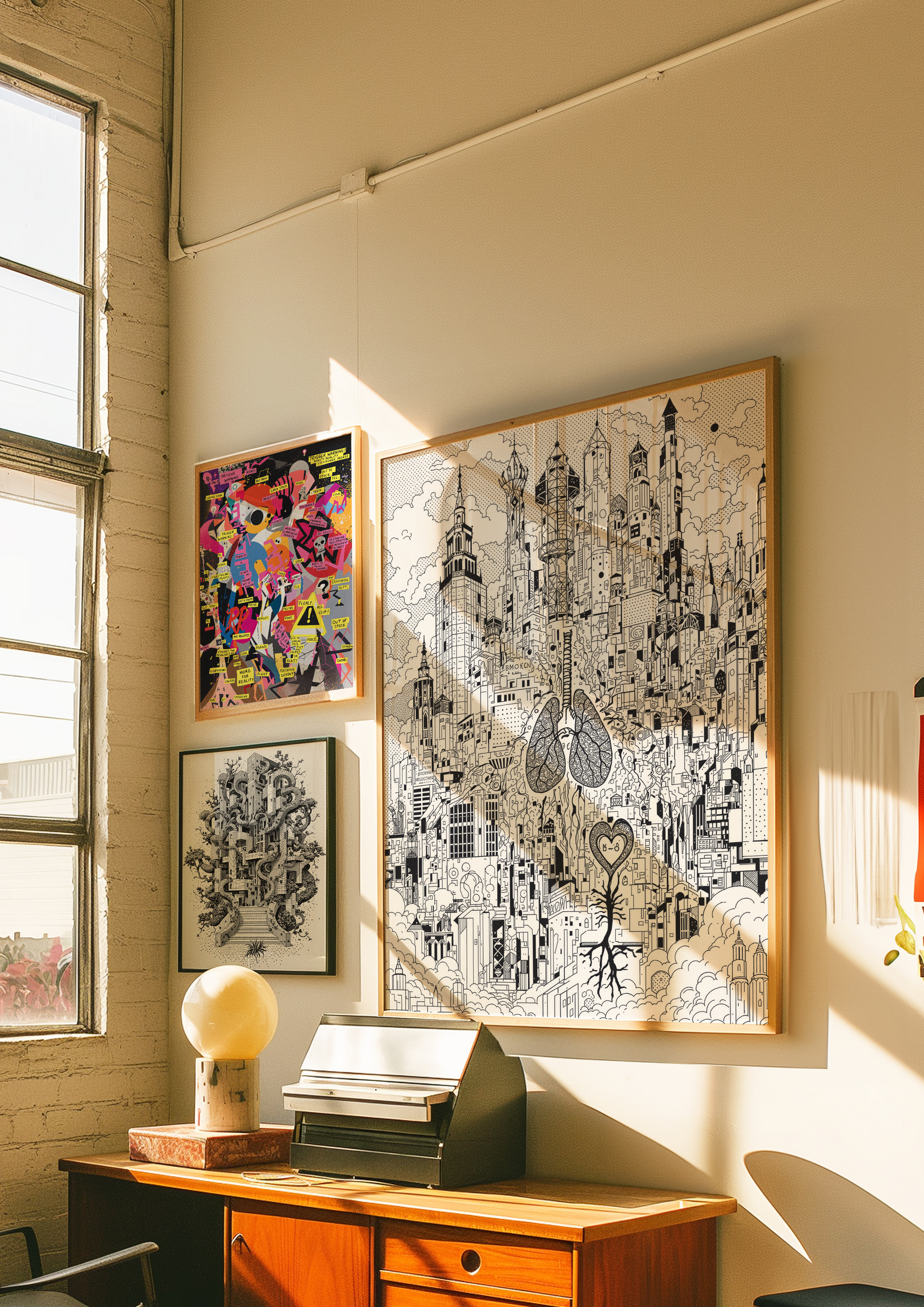 Artistic wall decor with framed artworks in a sunlit room.