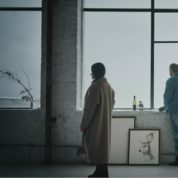 Two people standing in a room with large windows and framed artwork on the wall.