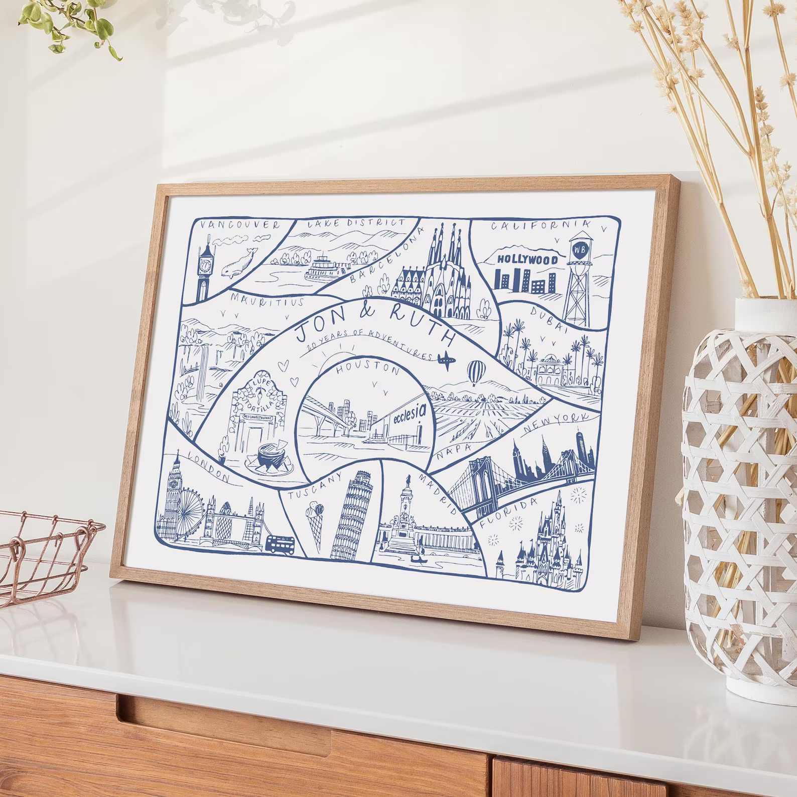 Framed map print on a white surface with decorative elements
