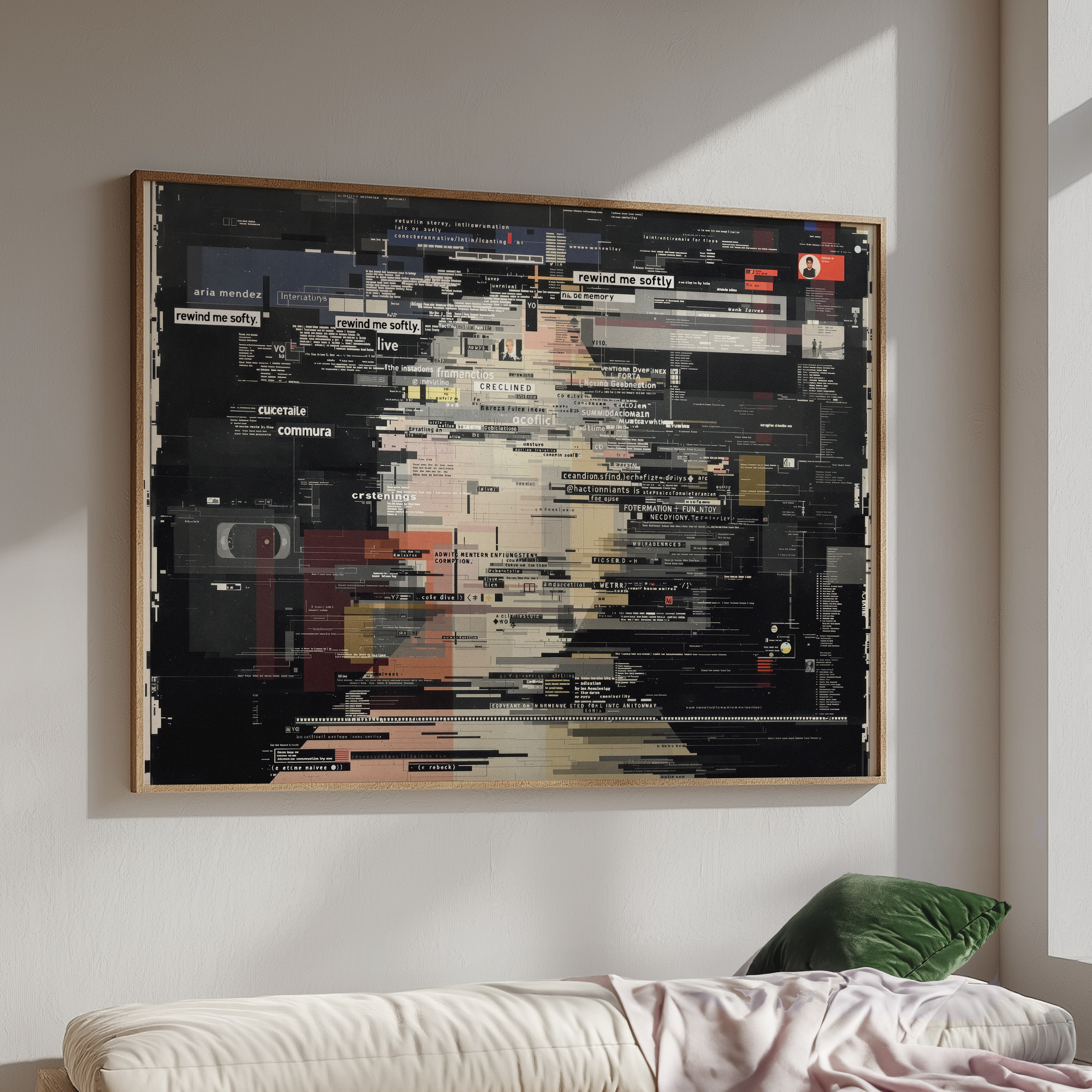 Framed abstract artwork on a wall above a sofa