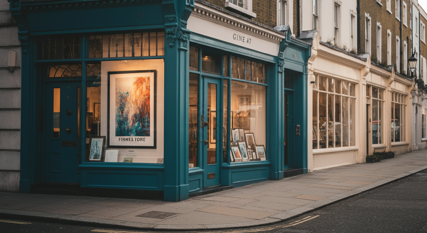 Teal storefront with art displayed on a city street