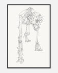 Framed black and white line drawing of an animal skeleton on a white background
