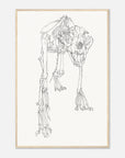 Framed line drawing of an animal skeleton on a white background with wooden frame