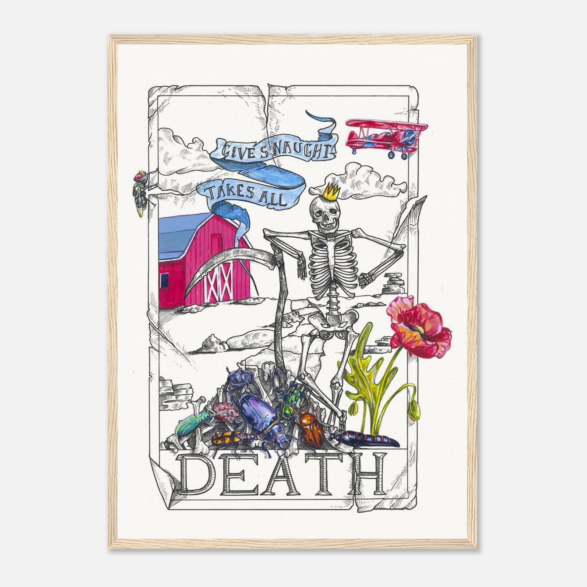 Framed tarot card artwork with a skeleton, flowers, and text on a white background with the words 'death'.