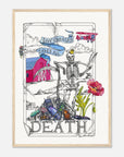 Framed tarot card artwork with a skeleton, flowers, and text on a white background with the words 'death'.