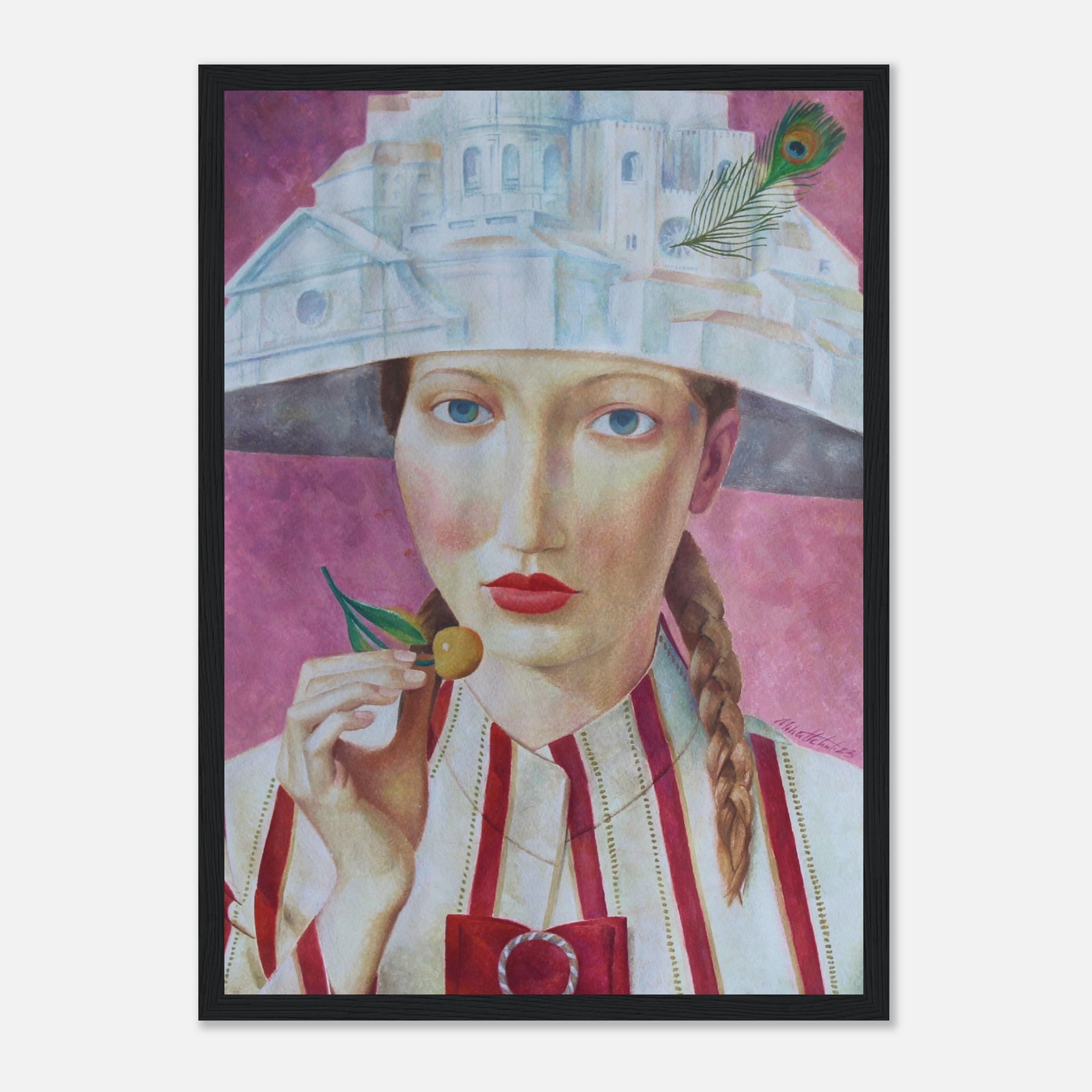Framed artwork of a woman with a hat and a cherry, on a pink background