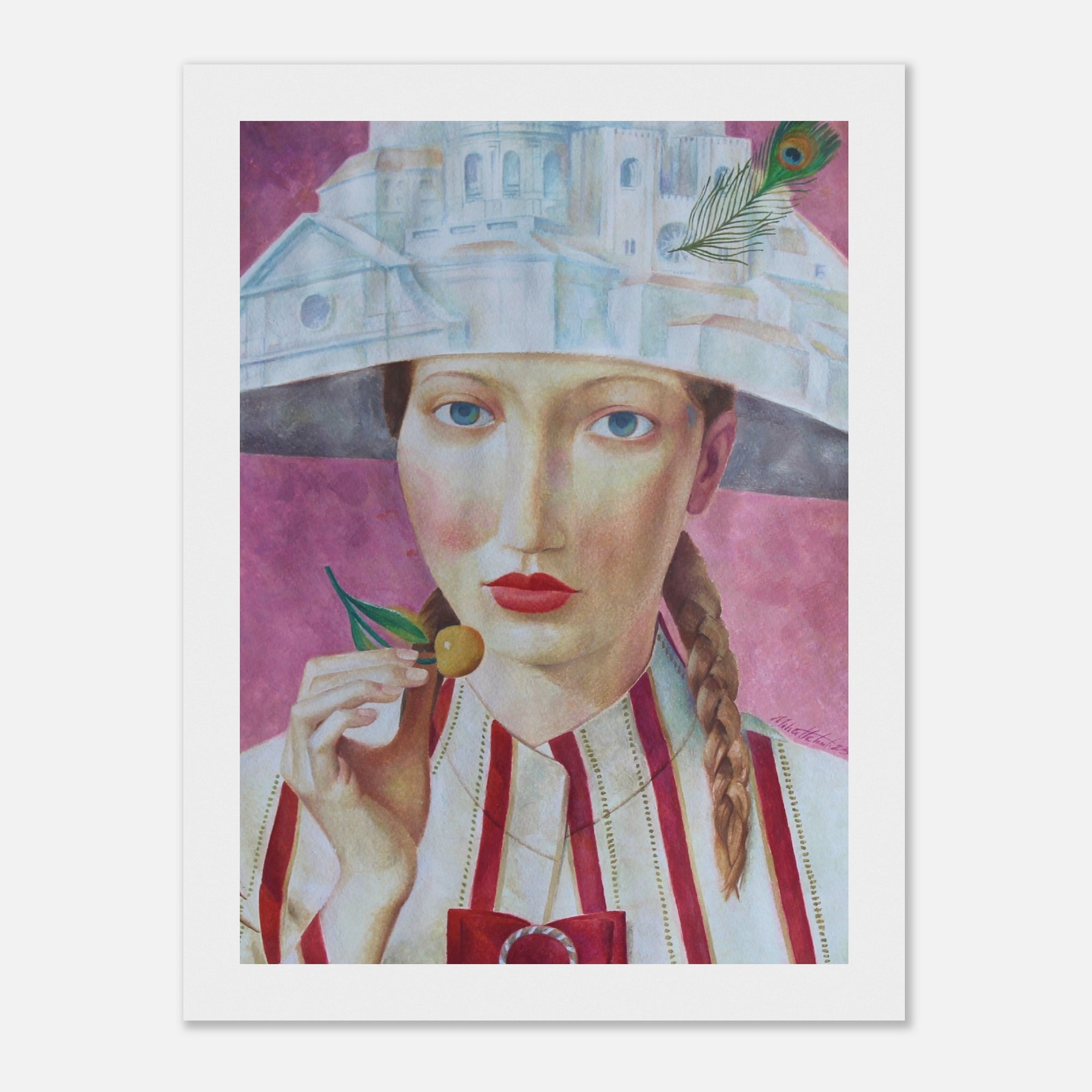 Artistic depiction of a woman wearing a decorative hat with a peacock feather against a pink background.