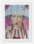 Artistic depiction of a woman wearing a decorative hat with a peacock feather against a pink background.