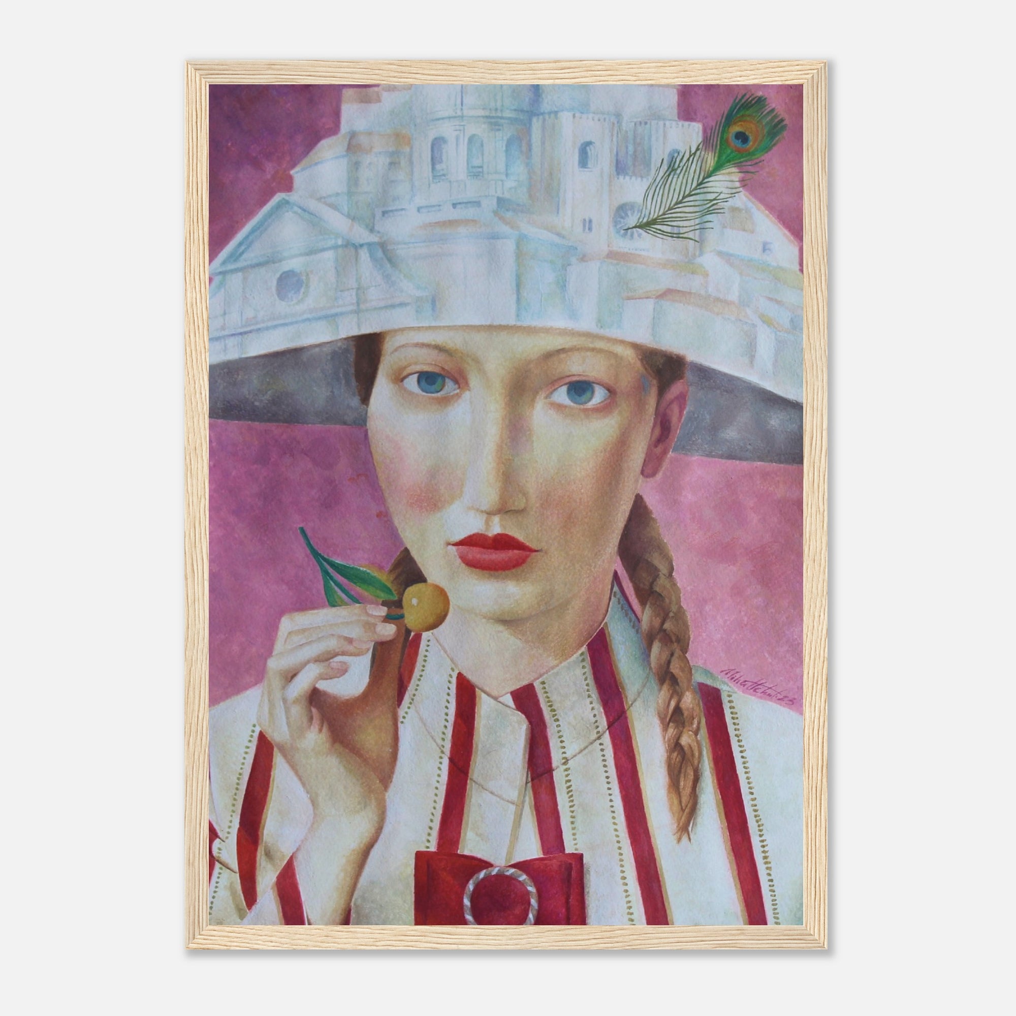Framed artwork of a woman with a hat and a fruit, on a white background