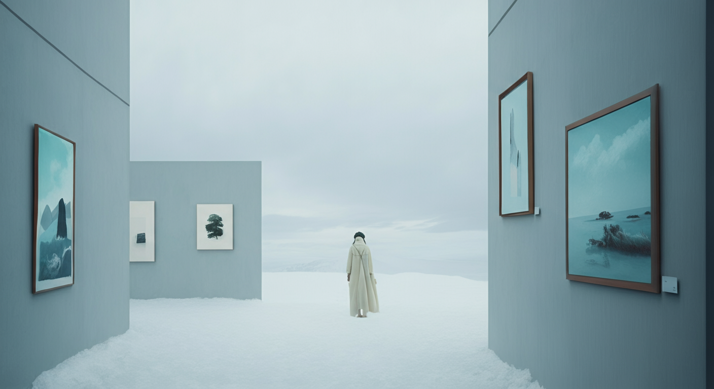 Person in a long coat standing in a room with minimalist decor and framed pictures on the walls.