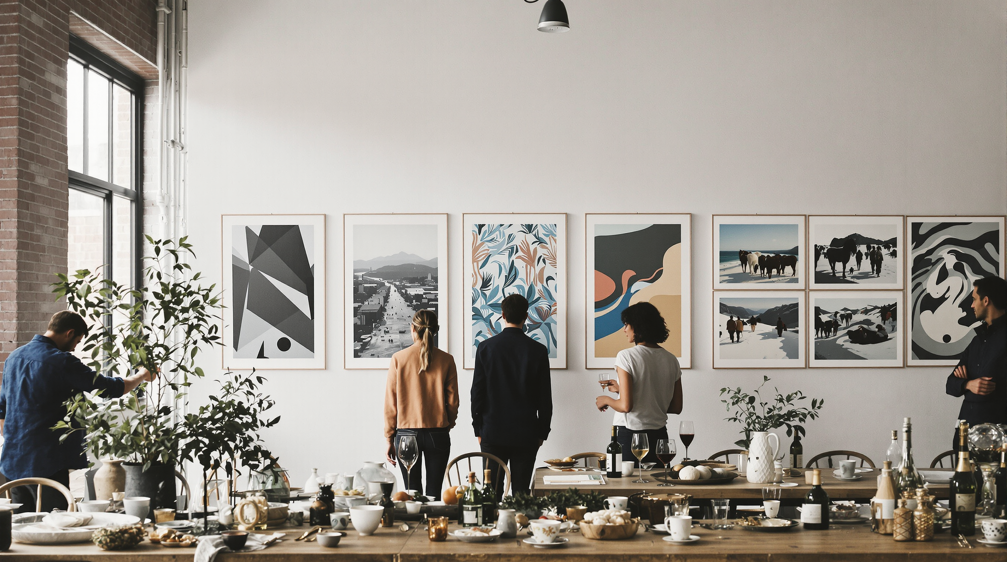 People gathered around a table in a room with framed artwork on the wall.