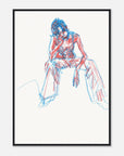 Framed abstract artwork of a person sitting with blue and red lines on a white background