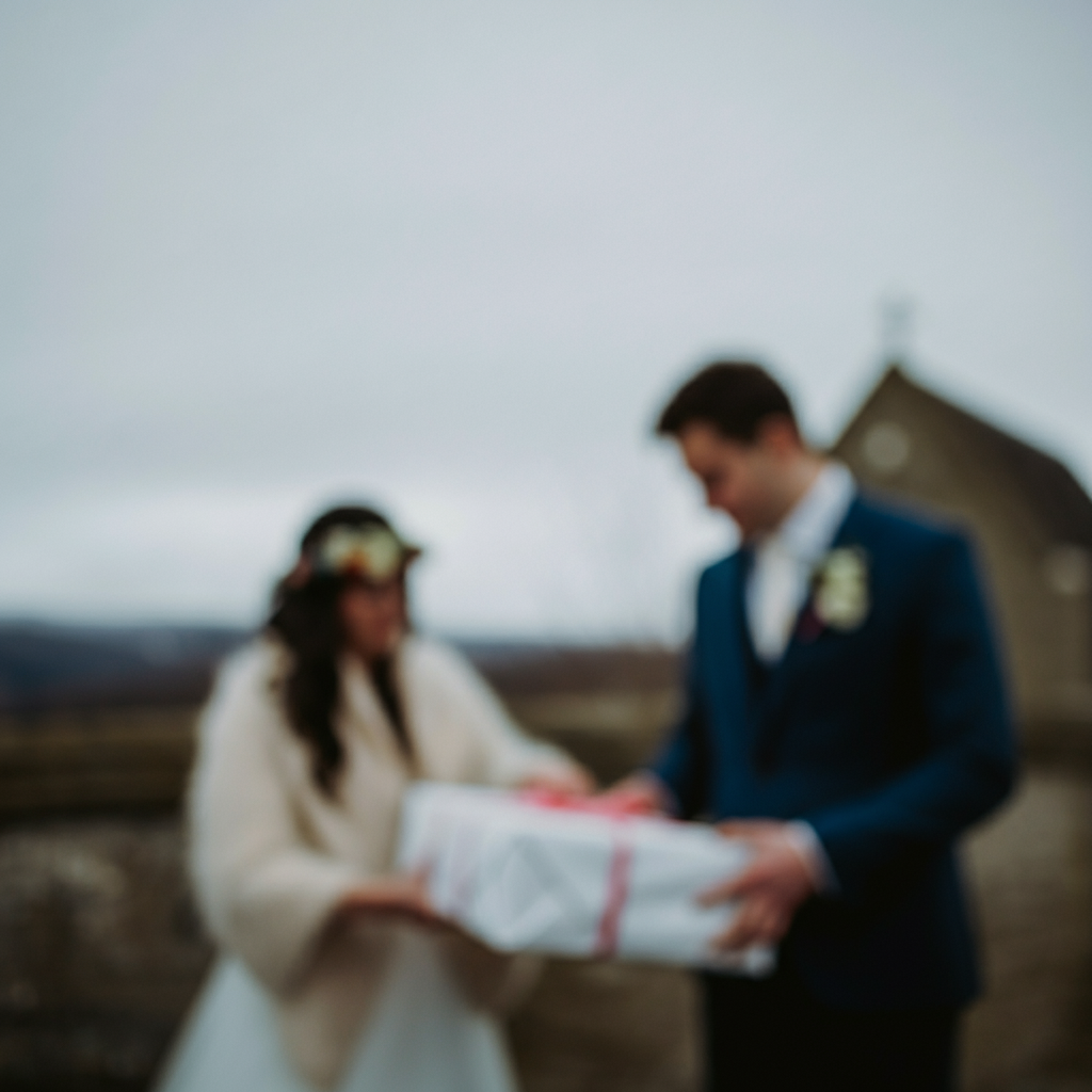 Blurred image of a couple holding a gift outdoors.