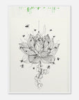 Black line art of a lotus flower with insects on a white background