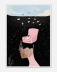 Framed artwork of a woman with a pink chair on her head against a starry night sky.