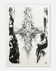 Black and white abstract art print with a bridge and natural elements on a beige background