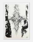 Black and white abstract art print with a bridge and natural elements on a beige background