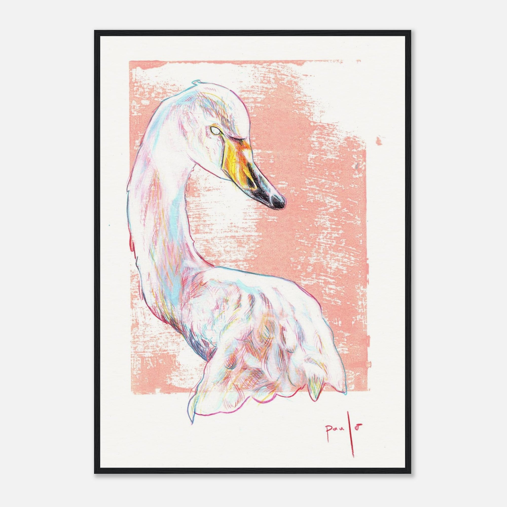 Framed artwork of a colorful swan on a pink background