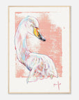 Framed artwork of a colorful swan on a pink background