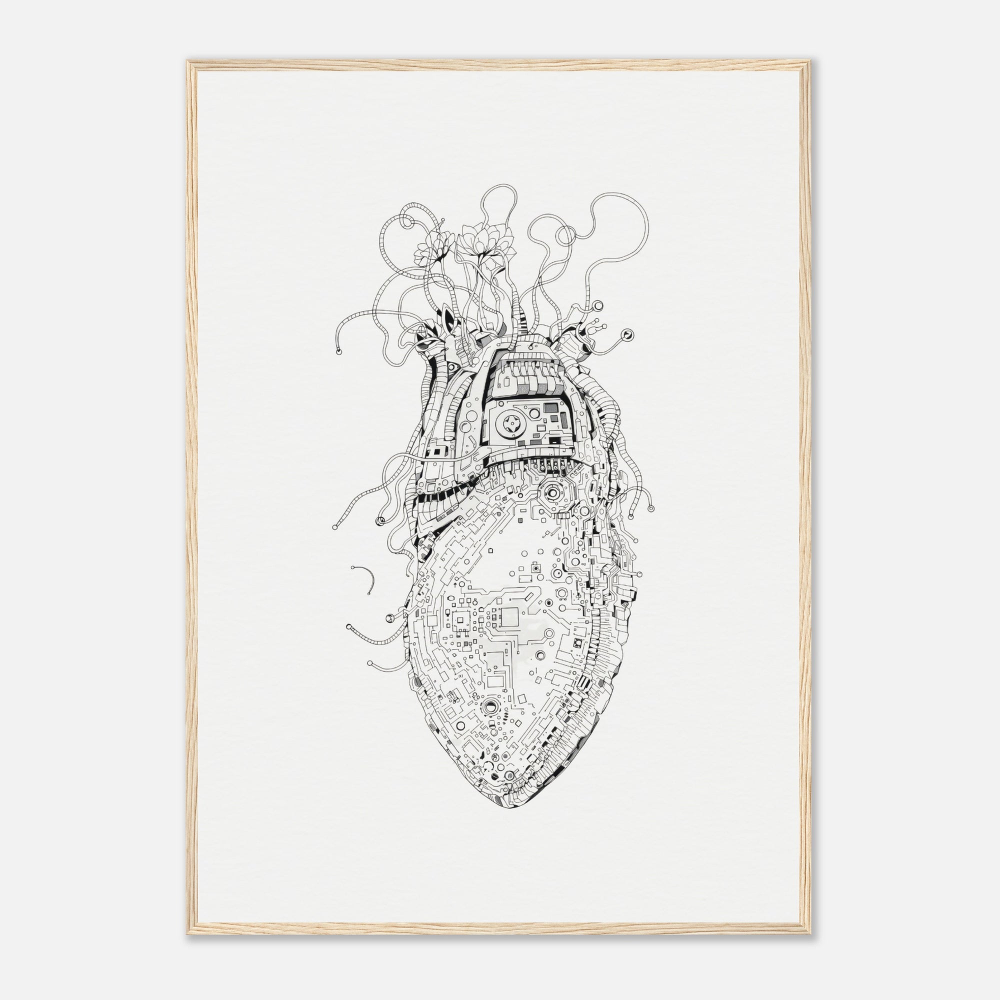 Black and white intricate drawing of a mechanical heart on a light gray background