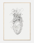 Black and white intricate drawing of a mechanical heart on a light gray background