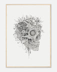 Framed artwork of a skull with flowers and plants growing out of it on a white wall.