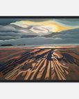 Framed artwork of a stylized welsh landscape with a sun and mountains on a white background