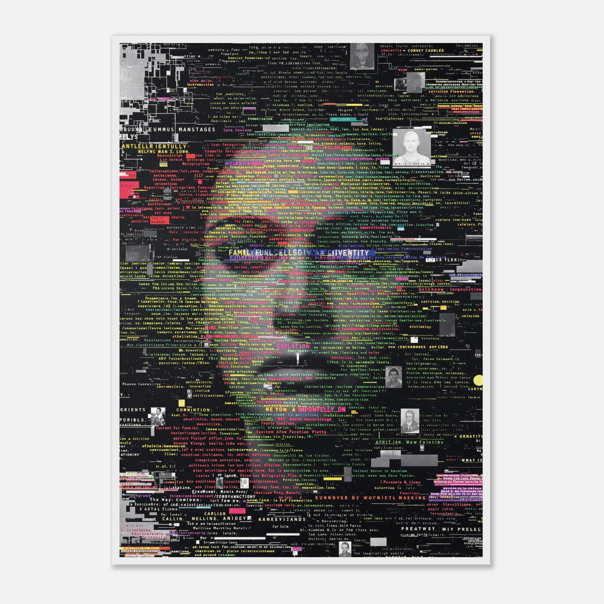 Framed artwork of a stylized portrait made from text on a black background