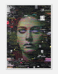 Framed artwork of a stylized portrait made from text on a black background