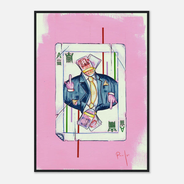 Framed artwork of a character in a suit with a pink background
