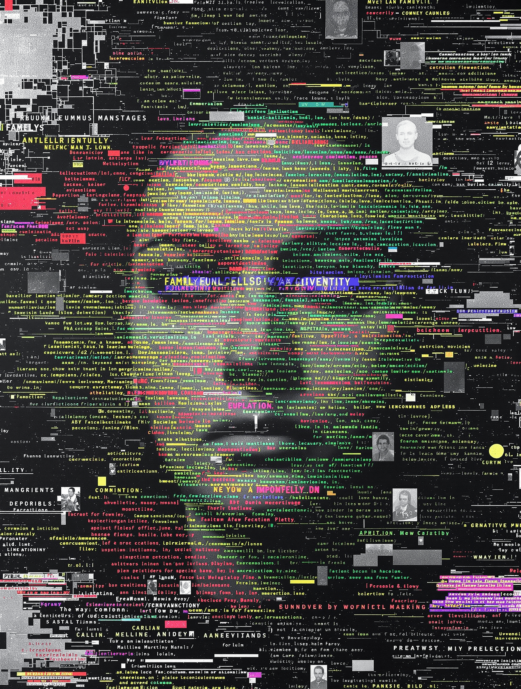 Digital art piece with a portrait overlayed on a background of text and code.