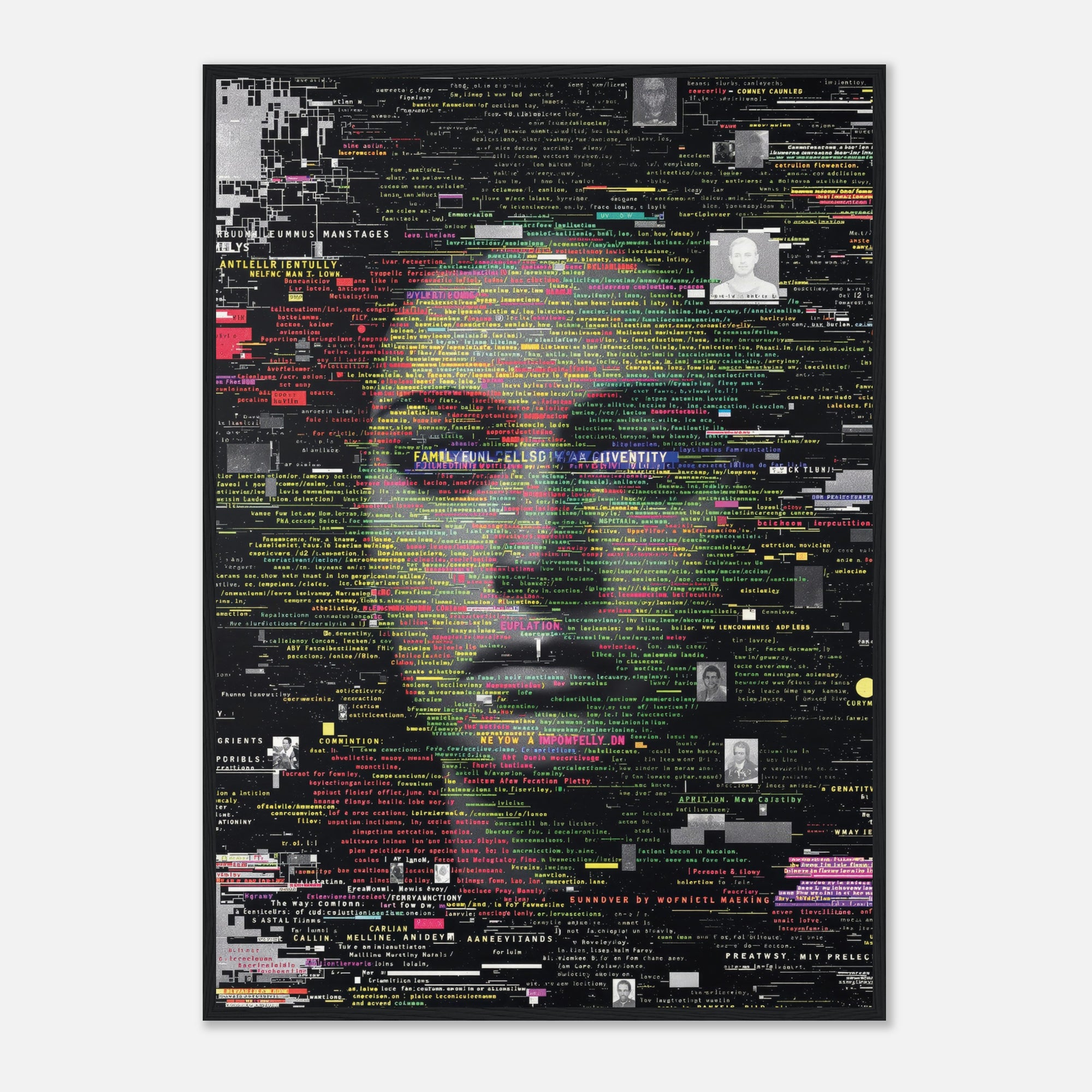 Futuristic poster with a stylized face and digital text on a black background